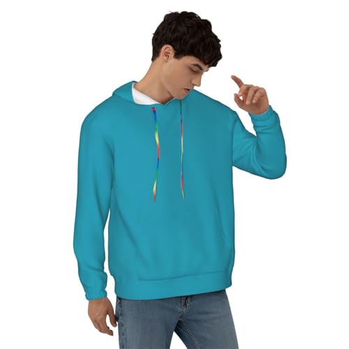 Mens Hoodie Pullover Casual Long Sleeve Drawstring Top Turquoisegreen Print Hooded Sweatshirt With Pocket4