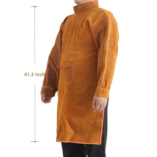Senvitate Leather Welding Apron with Long Sleeve, Flame Resistant Welding Jacket for Men, Heavy Duty Weld Coat Blacksmith Work Apron