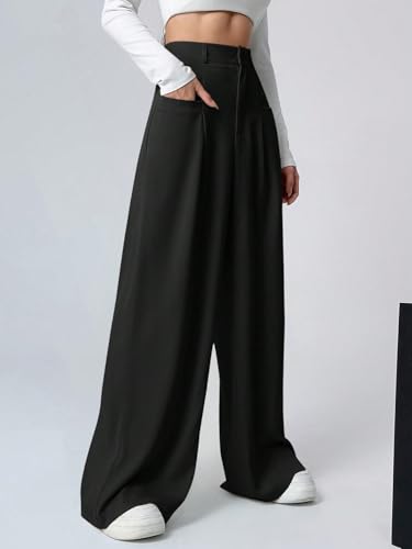 Image of Shasmi Women's Loose Mid Rise Solid, Pleated Trousers, Wide Leg Pocket Casual Long Korean Trousers Pant (146)
