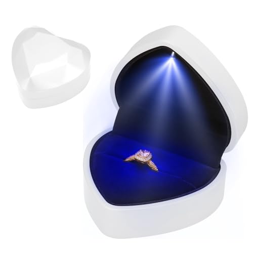 Lumitrex Caja de Anillo con Luz LED, Forma de Corazón con LED de Terciopelo Caja de Regalo de Joyería de Corazón para Propuesta de Boda Compromiso Aniversario Boda y Festival, Roja (Blanco)