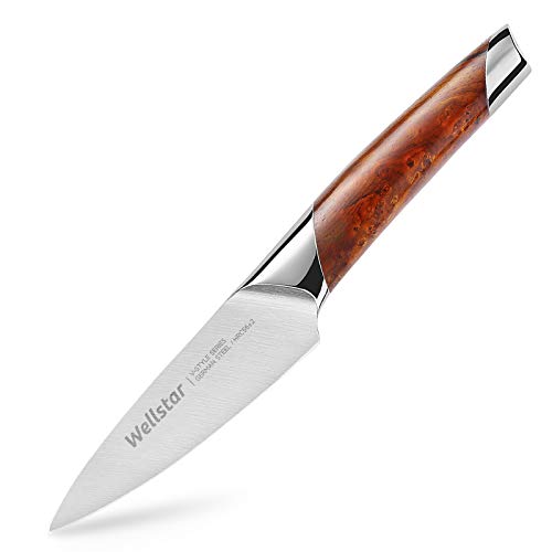 WELLSTAR Paring Knife 35 Inch Fine Edge Fruit Peeling Knife with Razor Sharp High Carbon German Stainless Steel Forged Blade and Natural Rosewood Handle in Gift Box V-Style Series