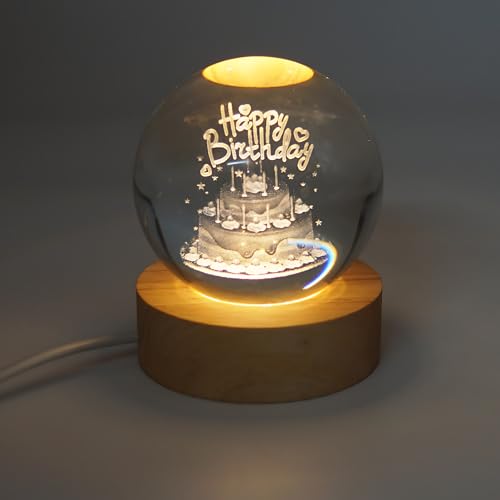 Image of 3D Crystal Ball Night Light with Wooden Base, Aesthetic Clear LED Lamp for Home and Bedroom Touch Switch, Warm Light for Kids and Teens Perfect Birthday & Anniversary (Happy Birthday)