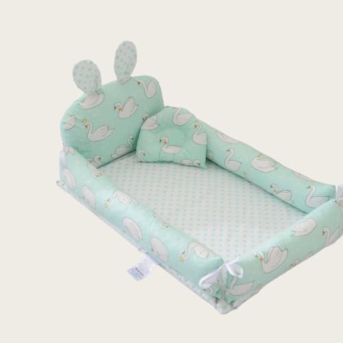 Qobvoeh ベビーベッド 新生児 添い寝 枕付き ベッドインベッド 簡易ベッド 持ち運び 携帯型ベビーベッド ウサギの耳の形 かわいい ベビー布団 通気性 取り外し 洗える可能、88*50*12cm 0-8ヶ月 出産祝い (H,90*50*15cm)