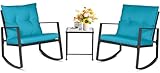 SUNCROWN 3 Piece Outdoor Rocking Bistro Set Black Wicker Furniture Porch Chairs Conversation Sets with Glass Coffee Table, Light Blue