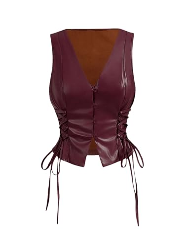 SOLY HUX Women's PU Leather Vest Tops Sexy Vintage Lace Up Button