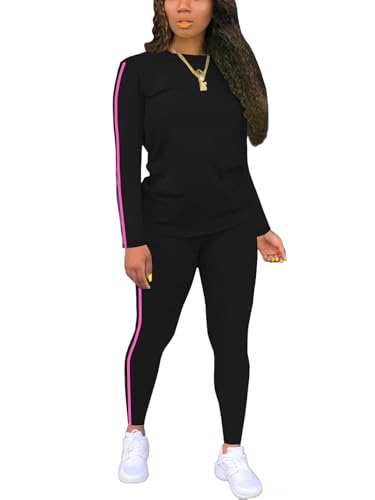 Women's 2 Piece Classic Striped Outfits Full Sleeve Lounge Long Sweatpants Jogger Matching Tracksuits Sports Sets