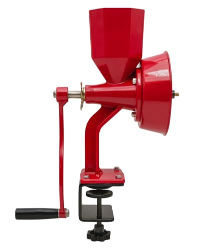WONDERMILL Manual Hand Crank Grain Mill-Corn, flour mill grinder for home kitchen-Aircraft Aluminum. For Dry and Oily Grains - High Hopper, Spice, Wheat Stone Mill (Red).