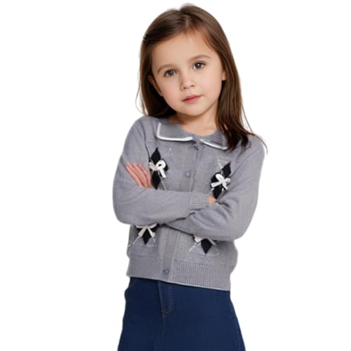 Kids Girl Cardigan Sweater, Long Sleeve Knit School Uniform, Grey V Neck Button Cute Outerwear for 2-7T