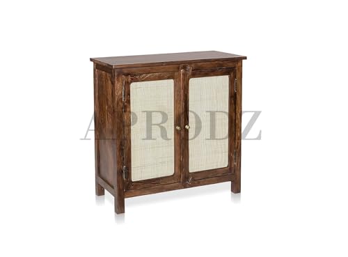 Image of APRODZ 2 Door Cabinet with Wicker Front 2 Shelves | Mango Wood Storage Organizer | Rustic Durable Stylish Wooden Furniture | Compact Design Home Decor (Brown)