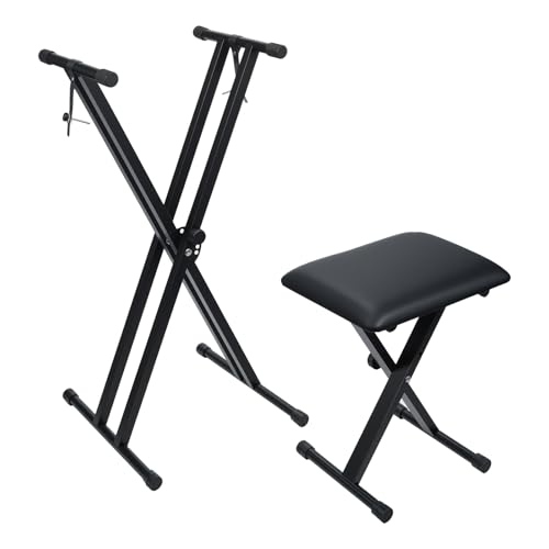 Keyboard Stands and Bench Set,7 Adjustable Heights Double-X Keyboard Stand,Portable Keyboard Piano Stand with Locking Straps,Piano Keyboard Stand Fits for 54-88 Key Digital Pianos(9.84-29.92Inch)