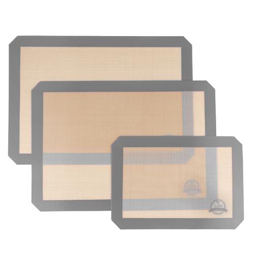 Silicone Baking Mat，3 Pieces Non-Stick Baking Mat Set,Heat-Resistant,Reusable Non-Silp Silicone Cooking Mat,Baking Sheet for Cookies, Macarons Bread Pastry (Gray)