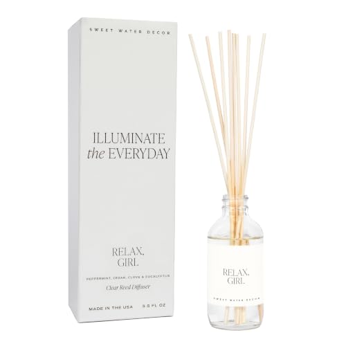 Image of Sweet Water Decor Relax Girl Clear Reed Diffuser Set - Aromatherapy Home Fragrance with Peppermint, Cedar, Clove & Eucalyptus Notes - Long-Lasting Scent for Bedroom & Bathroom - Lasts Up to 4 Months