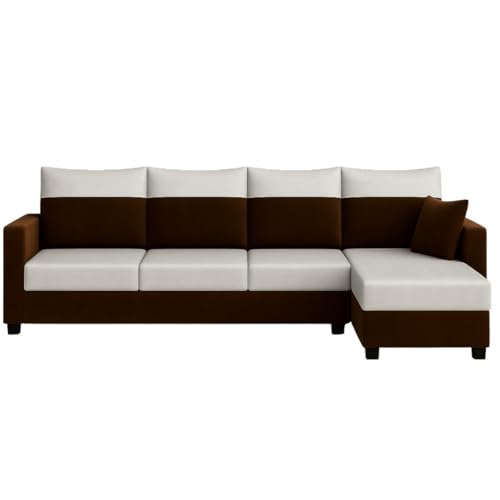 Image of FURNY Arissa 5 Seater Fabric RHS L Shape Sofa Set with Extra Cushions (Light Grey-Dark Brown) Premium Velvet Finish | Ideal of Living Room