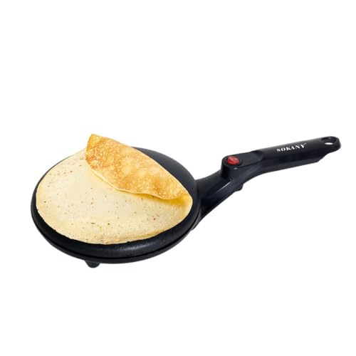 SOKANY Crepera, Crepera Electrica con Mango, Crepe Maker Revestimiento Antiadherente, Superficie Calentada de 20 cm de Diámetro, Fácil de Manejar y de Limpiar (Negro)