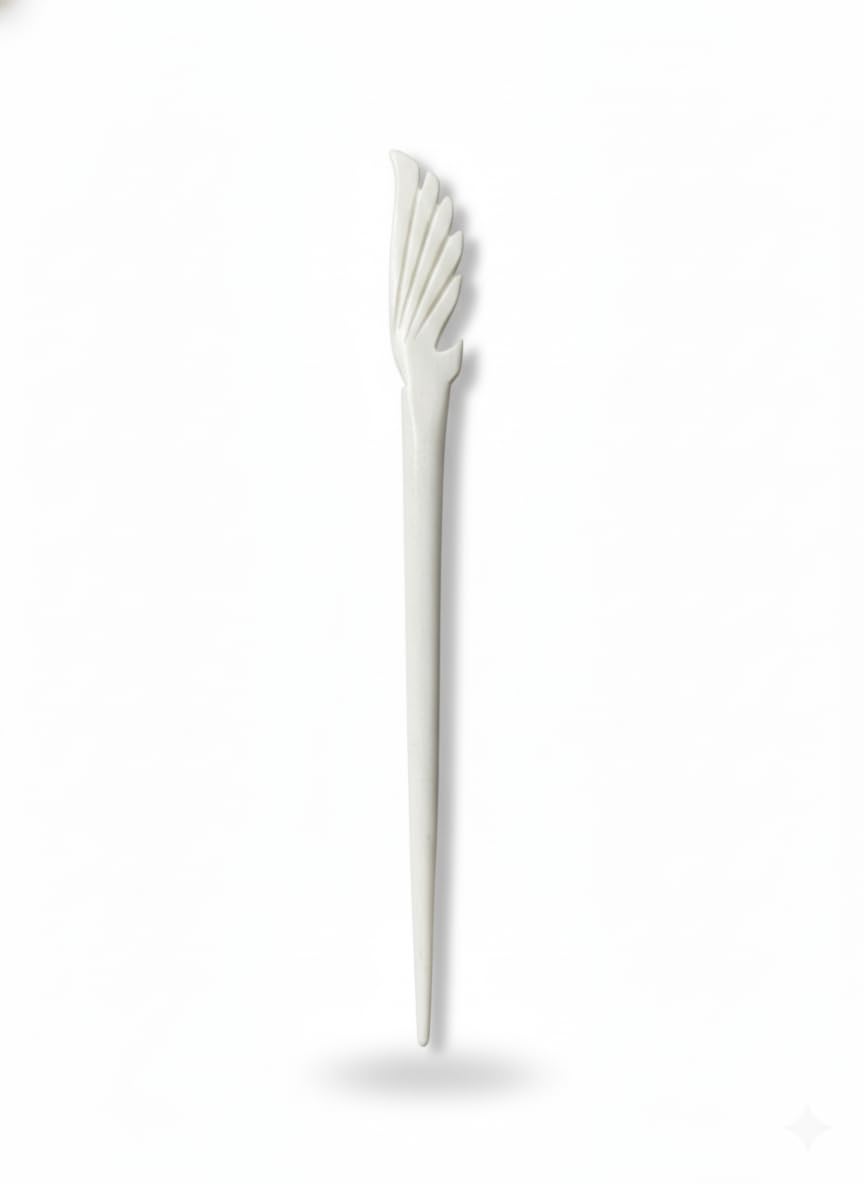 Premium Hand-Carved Wooden Hair Stick, Marble White Wing Design,Traditional Style for Buns-image-4