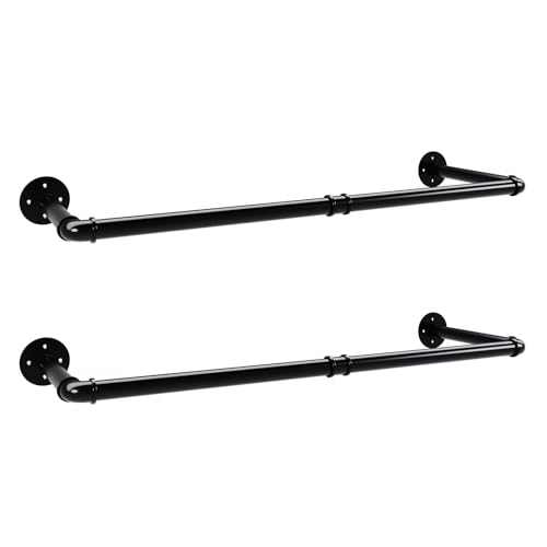 YisanCrafts Industrial Pipe Clothes Rack Set of 2, Heavy Duty Detachable Iron Garment Rack Wall Mounted, Rustic Saving Space Clothes Bar Multi-Purpose Hanging Rod for Bedroom, Closet, Black (36 Inch)