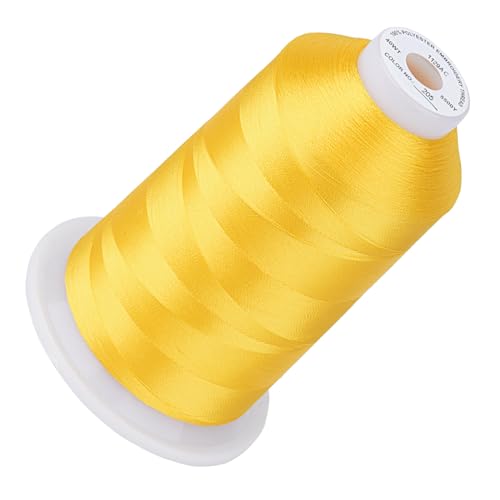 Image of Simthread Embroidery Thread 5500 Yards Harvest Gold 206, 40wt Polyester for Brother, Babylock, Janome, Singer, Pfaff, Husqvarna, Bernina Machine | 5000M 40WT polyester thread feeds smoothly for home or commercial embroidery projects.