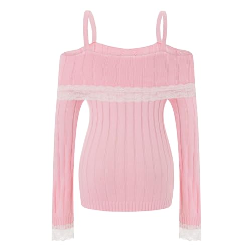 Womens Y2k Off Shoulder Ribbed Knit Sweater Cute Long Sleeve Lace Trim Going Out Pullovers Aesthetic Clothes3