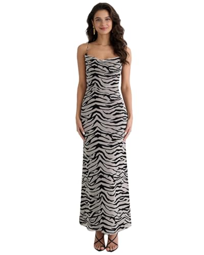 Damen Sexy Ärmellos Tüll Leopard Print Maxikleid Elegant Spaghettiträger Rückenfrei Partykleid, Zebra-Print, Mittel