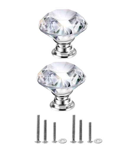 Mtsooning 2PCS Diamond Glass Knob, 30mm/1.18' Clear Crystal Pull with 3 Size Screws for Closet Cabinet Drawer...