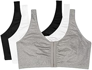 Fruit of the Loom womens Front Closure Cotton Sports Bra, Black/White/Heather Grey 3-pack, 38 US