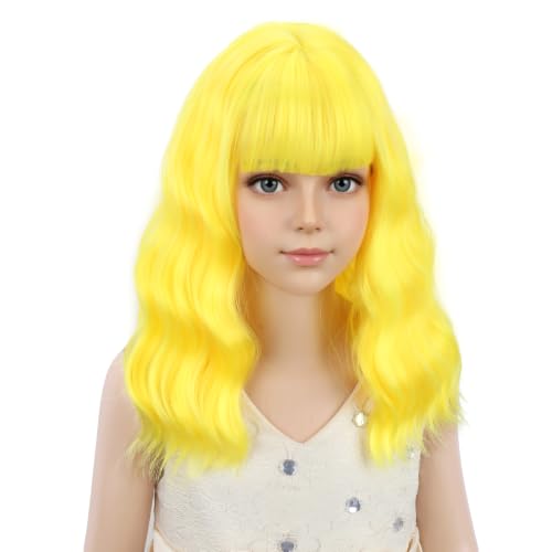 Image of PATTNIUM Yellow Wig for Kids Child Wigs Short Wavy Curly Yellow Wig with Bangs for Girls Synthetic Girls Cosplay Halloween Party Costume Wigs