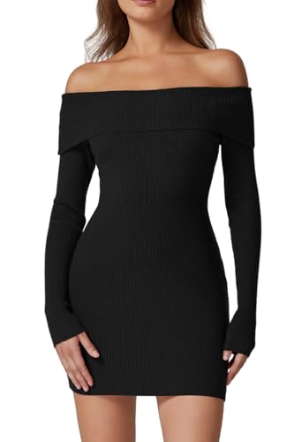 QINSEN Women's Off The Shoulder Ribbed Knit Sweater Dress Folded Neck Long Sleeve Mini Dress 2024 Trendy Fall Outfits