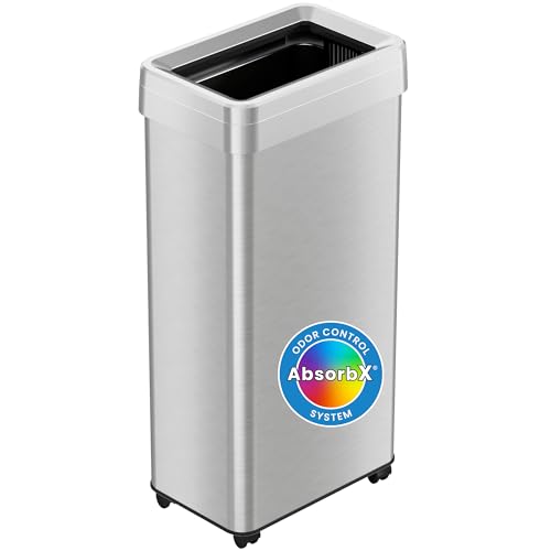 Image of iTouchless 21 Gallon Open Top Kitchen Trash Can Recycling Bin with Wheels and Double Odor Filters Rectangular Commercial Stainless Steel 80 Liter Trashcan Home Office Work Bedroom Livingroom Garage