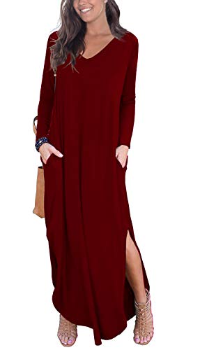 GRECERELLE Women's Casual Loose Pocket Long Dress Long Sleeve Split Maxi Dresses Wine Red Medium