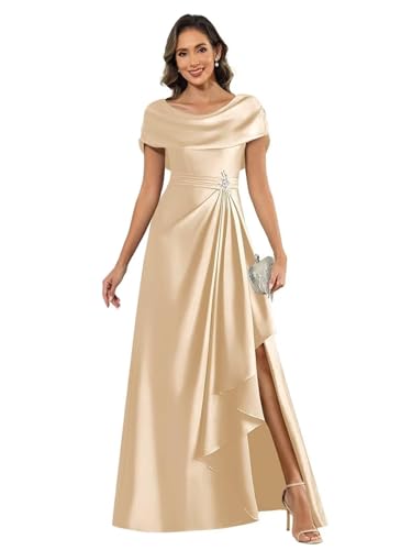 Satin Mother of The Bride Dresses for Women Long Ruffles Formal Evening Gown with Slit4
