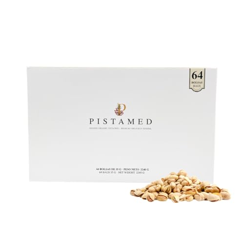 PISTAMED - Pistachos con cáscara - Sin Sal - Tostado Artesanal - Sin Aditivos y Sin Gluten - Alto en Contenido en Fibra - Dietas Vegetarianas y Veganas - Caja: 2,24 kg, Paquete de 64 bolsitas de 35 g