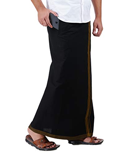 Image of PRAKASAM COTTON Mens Black Colour Fancy Border Welcro pocket Dhoti (HIMFAN-BLACK)