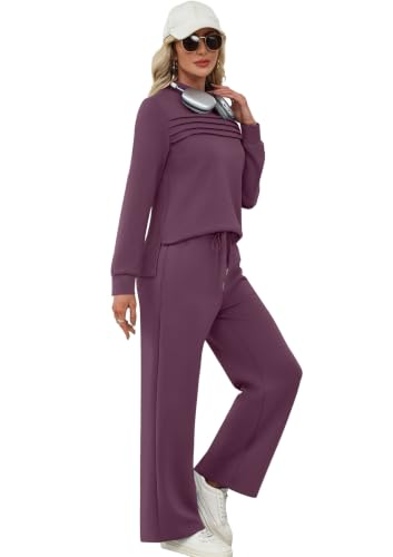 Image of WIHOLL Two Piece Sets for Women Fall Travel Vacation Outfits 2026 Long Sleeve Lounge Sets Side Slit Wide Leg Pants XS-3XL
