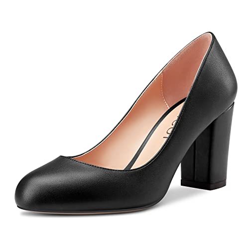 Aachcol Women Pumps Round Toe Slip-on Chunky Block Mid High Heel Dress Shoes Pumps Matte Office 3 Inch
