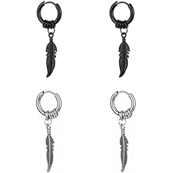 Aretes Para Hombre Color Negro XPEX 2 pares de aretes de aro, aretes de plumas, aretes de joyería vintage, aretes de aro punk hip hop para hombres y mujeres, 2 estilos, hipoalergénico (dos colores)