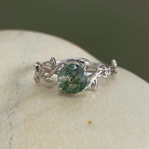 Blocaci Natural Moss Agate Engagement Rings for Women White Gold 1CT Moss Agate Rings Platinum Plated Silver 10K 14K 18K Gold Twisted Leaf Anniversary Promise Rings for Her with Text Engraving4