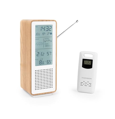 THOMSON Enceinte Bluetooth 5.3 et Station Météo Sans Fil, Radio FM, Horloge Radiopilotée, Thermomètre et Hygromètre Intérieur/Extérieur, Qualité de l'Air, Structure Bois - Blanc - WS102TWH