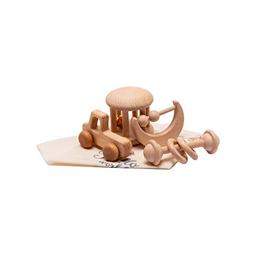 Image of Wooden Baby Toys Montessori Toys Set Wooden Rattles Grasping Toys Wood Ring 4pcs,Pick-up Truck Toy Set