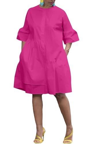 Image of Choichic Button Down Shirt Dresses for Women with Pockets Flare Bell Sleeve A-Line Midi Tunic Dress