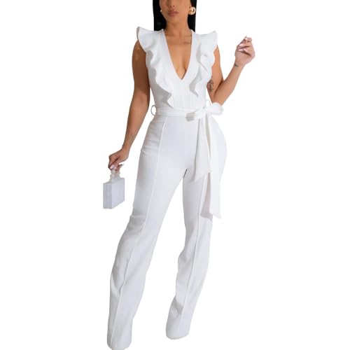 HBQ Womens Casual One Piece Jumpsuits Deep V-Neck Sleeveless Ruffle Elegant Romper Wide Leg Pant Sexy Party Clubwear Overalls-White-M
