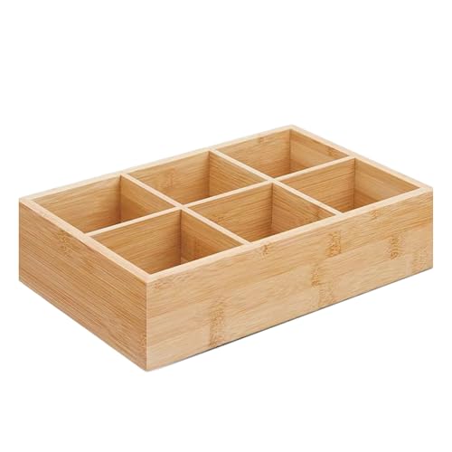 WOWZILLA 6-Compartment Bamboo Tea Bag Organizer, Wooden Countertop Storage Box for Tea Bags, Coffee Station Accessories, and Condiments, Compact and Stylish Kitchen Organizer