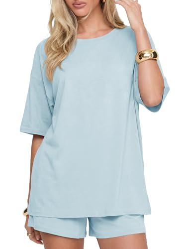Image of Darong Women's 2 Piece Shorts Set Loungewear | oversized tshirts,crew neck top,drawstring shorts,elastic waist, side pockets,summer travel outfits