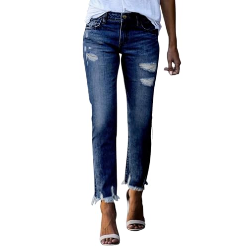 Boyfriend Jeans for Women High Waisted Denim Strechy Fashion Raw Hem Straight Leg Slim Fit Ripped Capri Jeans