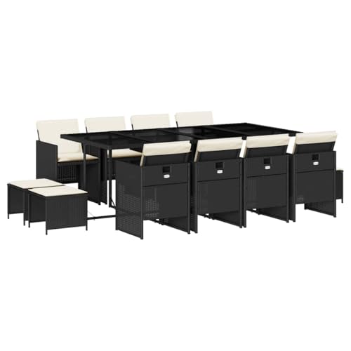 QJBSAVVA Ensemble de meubles de jardin 13 pièces avec coussins – Salon de jardin en rotin synthétique noir avec table en verre trempé, 8 chaises et 4...