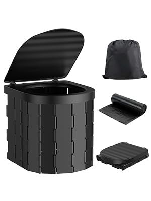 折りたたみ式一体型ポータブルトイレ車載式自走式アウトドア用品便座 (F,黒+20クリーニング袋+収納袋)