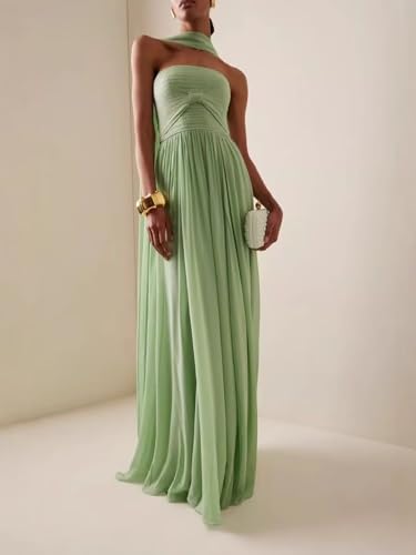 Strapless Chiffon Bridesmaid Dresses for Women 2025 Halter A Line Prom Dress Long Pleated Formal Party Gowns with Scarf B183