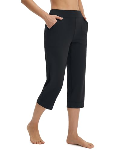baleaf Womens Capri Pants with Pockets Wide Leg Yoga Capris Leggings High Waisted Cropped Workout 21 Summer Pants Black L