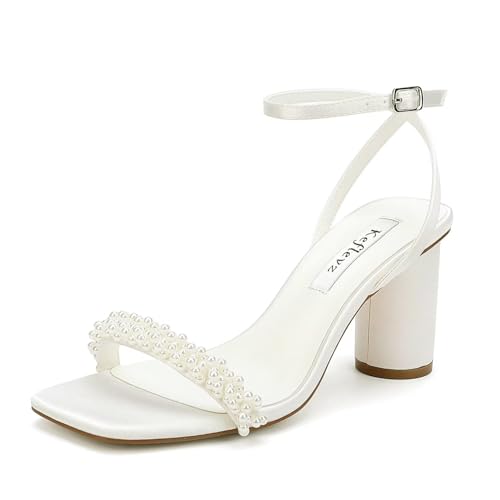 Block Heel Wedding Sandals Pearl Heels Wedding Shoes for Bride Open Square Toe Bridal Shoes