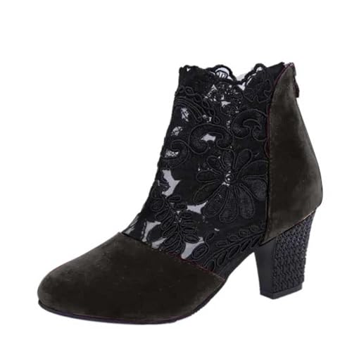 Ankle Booties for Women Back Zipper Closed ToeChunky Heel Floral Lace Mesh Non-Slip Block Heeled Ankle Bootie