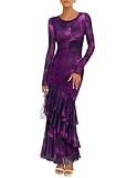 ZESICA Women's Spring Floral Wedding Guest Bodycon Dresses 2026 Long Sleeve Crewneck Mesh Ruffle Mermaid Party Maxi Dress Purple Small
